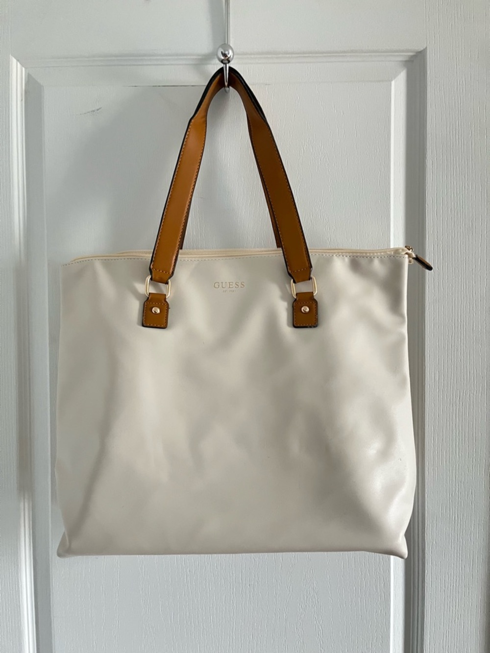 GUESS Cream Tote with Brown Contrast Handles